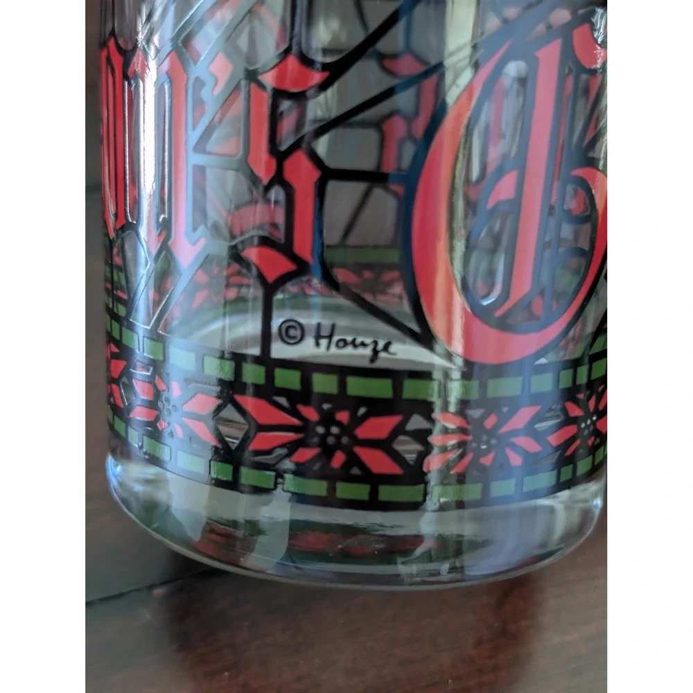 Vtg Houze Glass Stained Christmas Seasons Greetings Lowball Glasses Set of 4